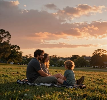 A couple sitting on a charcoal blanket in a North American / US park during golden hour, laughing as they watch their kids. Authentic, sun-drenched environment, cinematic composition with warm terracotta highlights in the sunset sky.