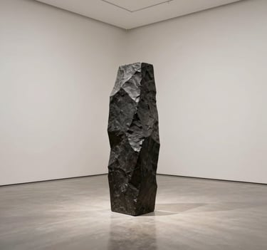 A minimalist art photograph of a single dark charcoal monolithic sculpture standing in the center of a vast, empty gallery room with off-white walls and polished light gray floors. Soft, high-end museum lighting. North American / Western European context.