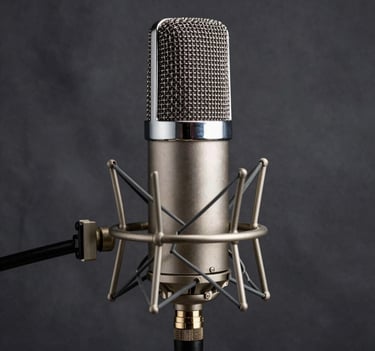 A close-up photograph of a professional studio microphone with a polished chrome finish, standing against a dark grey textured backdrop. Moody, industrial lighting with sharp reflections, North American studio setting.
