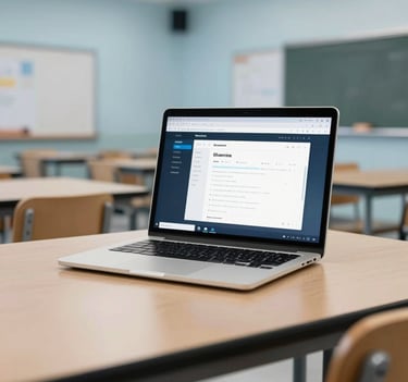 A clean, modern workspace in a North American / US school building, featuring a laptop screen with an eLearning interface, pale misty blue environment.