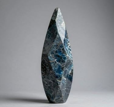 A minimalist studio shot of a sculpture made of slate blue glass, catching the light against a mist grey wall. Sophisticated and high-end.