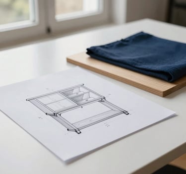 A close-up photograph of a highly detailed technical furniture drawing on a white desk. Beside it, a sample of light wood and navy blue fabric. Soft natural light from a Northern European / Baltic window, minimalist and clean composition.