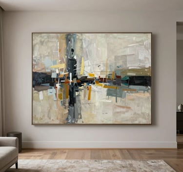 A wide photography shot of a large-scale abstract painting hanging in a sophisticated, uncluttered North American home, surrounded by minimal decor and soft neutral tones.
