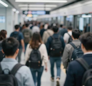 A blurred, long-exposure shot of a crowd in a transit hub, conveying anonymity and the flow of information. The lighting is soft and modern, using #607D8B and #F5F5F5 to create a professional, journalistic atmosphere.