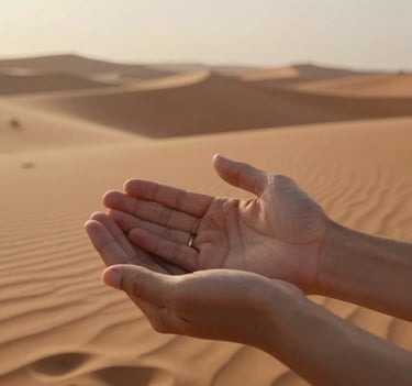 A close-up cinematic shot of two hands gently holding, set against a background of warm burnt terracotta desert dunes in a Middle Eastern / Gulf landscape, golden afternoon light.