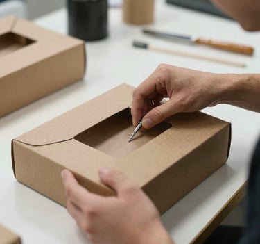 A creative professional in a North American / US design studio is carefully assembling a physical packaging prototype. Only the hands are visible, showing meticulous craftsmanship and attention to detail.