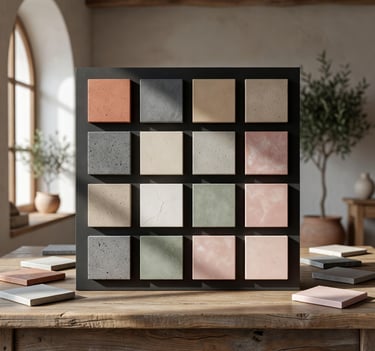 A display board of colorful concrete tile samples in various earth tones on a rustic wooden table.