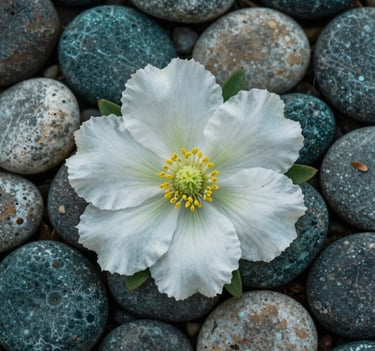 An artistic overhead shot of a single mountain flower surrounded by smooth river stones. The color palette features soft white, pale green, and dark teal. The lighting is soft and natural, emphasizing a calm and professional photography style found in North American fine art galleries.