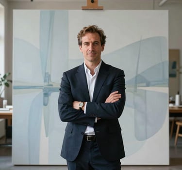 A professional portrait of an artist standing confidently in front of a large canvas in a modern European / French loft. The canvas features abstract light blue-grey patterns. Morning light, sophisticated and welcoming vibe.