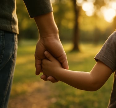A cinematic, soft-focus shot of a parent and child's hands intertwined during a walk in a sun-drenched North American park. The lighting is warm and natural, highlighting the authentic connection and gentle movement.
