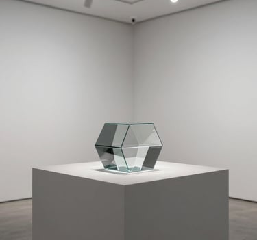 Minimalist still life of a geometric glass object placed on a matte gray plinth, North American / European gallery setting, soft overhead lighting, intentional use of negative space, palette of light gray and whites.