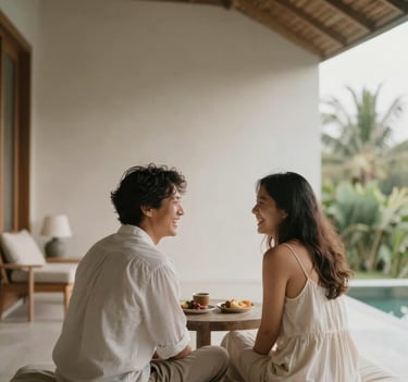 Candid laughing moment of a couple sitting at a minimalist villa in Bali. Soft morning light, intimate emotion, timeless artful memory. The visual palette subtly includes #C7B7A3, #2A362B, and #F7F3EE.