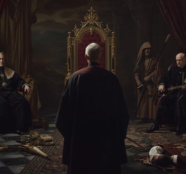 Cinematic scene of a royal council meeting in a dark chamber with a golden throne and fallen figures.