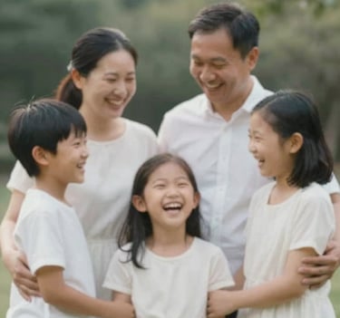 A vertical composition showing a candid, heartfelt moment of a family laughing together during a portrait session. The color palette includes #4C6A65 in the soft background foliage and #F5F2EC in their clothing. Serene and soulful storytelling style.