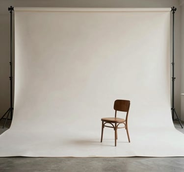 A wide, atmospheric shot of a minimalist photography studio in Brest. Sparse furniture including a single vintage chair against an off-white backdrop. Sophisticated and quiet composition.