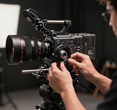 A cinematic shot of a professional cinematographer's hands adjusting a focus wheel on a high-end camera rig in a dimly lit North American / US luxury studio.