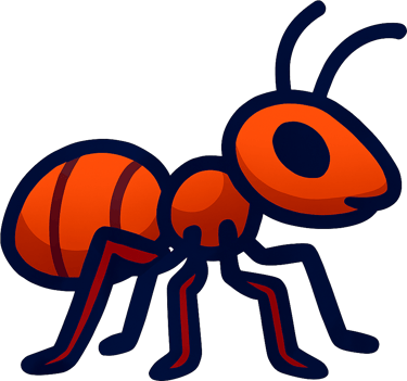 A stylized red ant cartoon illustration with black outlines on a transparent background.