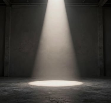 A wide cinematic shot of a minimalist industrial space. A single beam of soft off-white light cuts through a dark charcoal haze. The composition is centered and bold, evoking a sense of high-end mystery and urban sophistication.