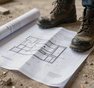 An asymmetrical composition of a construction blueprint laying on a dusty floor, with heavy work boots in the frame. Palette includes #F5F5DC for the paper and #1A1A1A for the boots. Raw, 'in-the-trenches' feel.