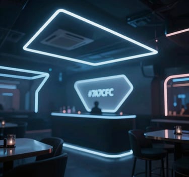 Interior of a modern high-end nightclub with geometric neon lighting in #7A7CF1 and #E0E0EB, sleek futuristic nightlife vibe, dark aesthetic.