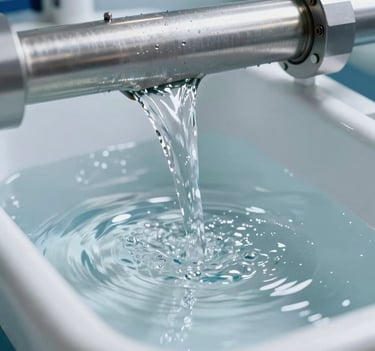 Macro photography of clear water flowing through a high-tech filtration system, light reflecting off the surface, clean and elegant atmosphere with steel blue and white tones.