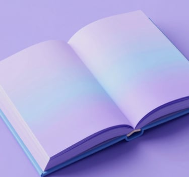 A top-down view of a hybrid storybook that uses AR elements, blending physical paper textures with digital light effects in soft lavender and sky blue tones.