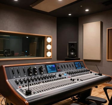 Sleek modern recording studio interior in Los Angeles. Dark charcoal acoustic panels, warm off-white accent lights on a professional soundboard. High-end, polished, and professional North American / US setting.