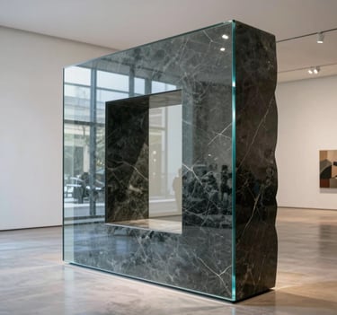 A sleek contemporary sculpture made of polished dark stone and translucent glass, reflecting the clean architectural lines of a modern art gallery in Buenos Aires, Latinoamericano / Español aesthetic.