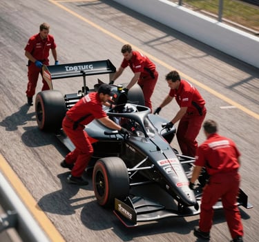 A high-speed pit stop sequence at a North American track, mechanics in deep red uniforms moving in a cinematic blur around a sleek black race car, overhead perspective, dramatic shadows.