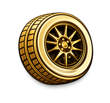 Shiny gold luxury car wheel and tire icon with multi-spoke rim isolated on a black background.
