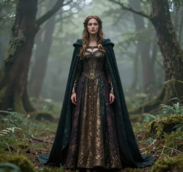 A full-length shot of a person wearing a fantasy-inspired gown with a dramatic cape, standing in a misty forest glade, Western / Global, magical and cinematic lighting.