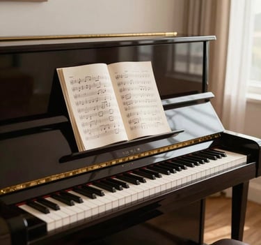 Photography of a modern upright piano in a bright North American living room, sheet music open on the stand, warm afternoon light creating soft tan highlights, clean minimalist aesthetic.