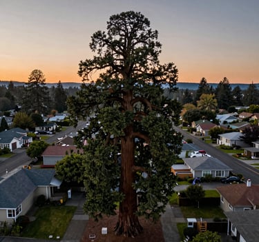 A majestic aerial drone shot of a giant sequoia tree at twilight in a residential neighborhood of Eugene, Oregon. The dark green foliage contrasts with the soft orange and slate gray colors of the sky. The tree towers high above the surrounding houses in the US Pacific Northwest.