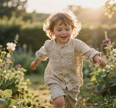 Cinematic photography of a young child running through a sun-drenched garden in the French countryside, lens flare, warm golden light, wearing soft sand colored linen, emotional and joyful atmosphere.