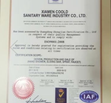 ISO 9001 quality management certificate for Xiamen Coold Sanitary Ware Industry Co., Ltd.