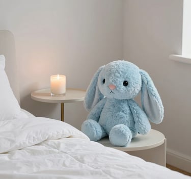 A premium lifestyle shot of a modern, aesthetic bedroom corner. A very soft, pastel sky blue cute plush toy sits on a crisp white bedsheet next to a minimalist side table with a trendy candle. Soft dreamy lighting, North American trendy demographic.