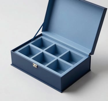 An open luxury box showing the internal geometric compartments. The palette uses #2C3E50 and #8D9FB5 for a sophisticated, professional contrast. Studio lighting with soft shadows.