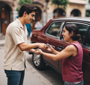 A friendly locksmith from Fobulus Keys working on a car door with specialized tools in a sunny driveway.