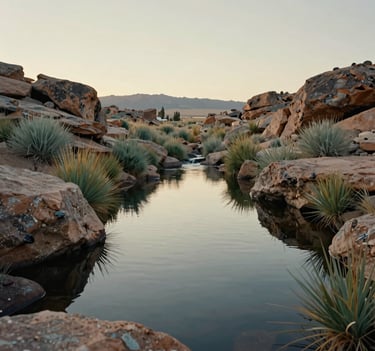 A serene photograph of a natural water source or spring on a Nevada ranch. The water reflects the pale cream sky of dawn. Surroundings include rugged rocks and native grasses in shades of sand and sage green. The atmosphere is one of profound tranquility and untapped potential.