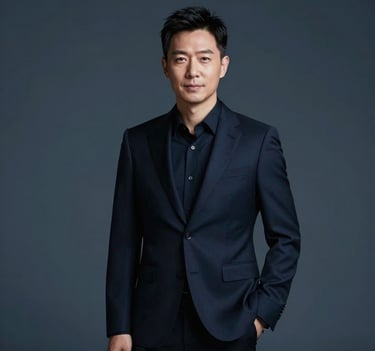 A portrait of a confident creative professional in a sleek, dark navy suit, standing against a minimalist deep blue-gray background. The lighting is cinematic and refined, capturing a professional and high-tier brand atmosphere in a North American setting.