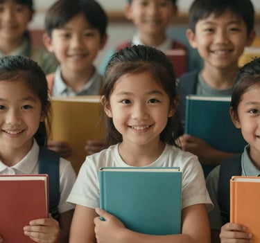 A close-up of a group of children holding books and smiling, captured in a high-contrast artistic style with warm #D4C1A5 lighting tones and deep #1A1C20 shadows.