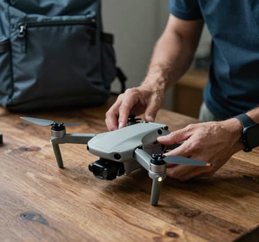 A candid shot of a man's hands adjusting a small drone on a wooden table. The lighting is moody and soft. A muted blue-grey backpack is visible in the corner of the frame.