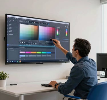 A creative professional in a Latin American / Hispanic office analyzing color grading on a large screen, the room is minimalist with Soft Off-White walls and Steel Blue furniture.