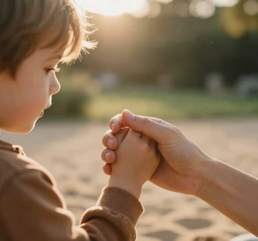 A warm photography shot of a child and parent's hands intertwined, backlit by soft golden sun in a European garden. Cinematic depth of field with textures of soft sand and brown wool. Authentic and emotional lifestyle photography.