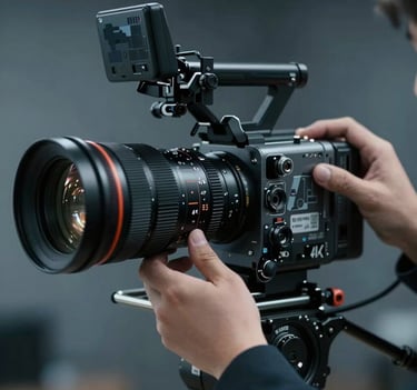 A close-up of a professional cinematographer's hands adjusting a focus ring on a massive 4K cinema lens, moody blue and steel grey lighting, cinematic depth of field, high-end professional equipment, #415A77 color tones.