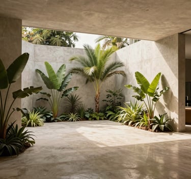 Wide-angle photography of a contemporary interior garden with tropical plants and concrete walls. A balanced composition using warm beige tones and natural sunlight, reflecting a modern Latinoamericano / Hispano luxury lifestyle.