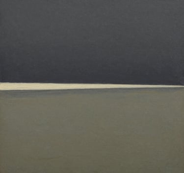 A detailed artistic photography close-up of a landscape painting's horizon line. A thin streak of soft off-white light separates the muted olive-grey land from a dark charcoal sky. Visible paint texture and professional lighting.