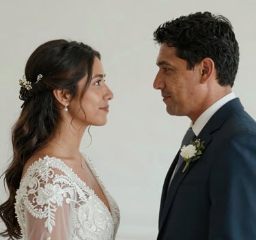 Emotional candid moment from a South American wedding, captured with a cinematic lens. Soft lighting, focus on a meaningful glance, minimalist background to highlight the subjects. Professional event cinematography style.
