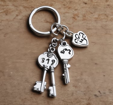 A charming pawsome keyring resting on a rustic wooden table beside a cozy knitted scarf.