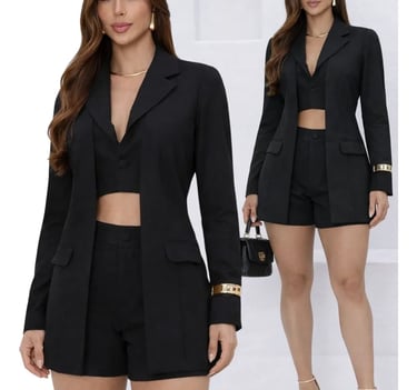 Conjunto Feminino Blazer Colete Duplo Shorts Casual Elegante